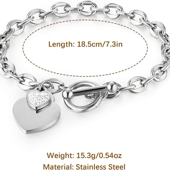 Stainless Steel Heart Bracelet Silver Rose Gold 17cm Toggle Link Jewelry - Picture 2 of 6